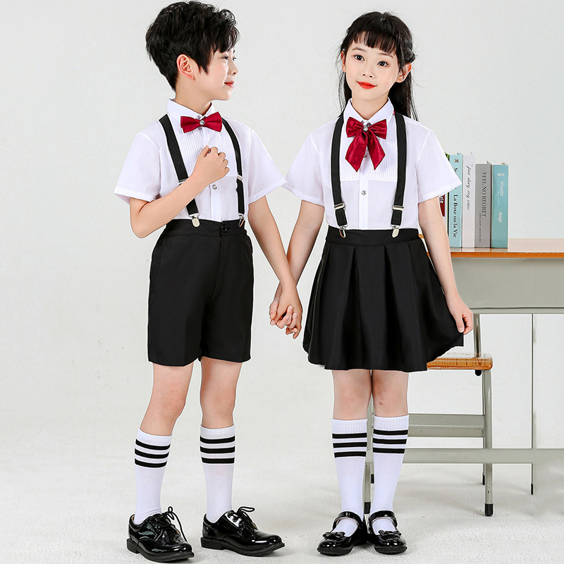 儿童背带校服男女黑白色短裤短裙短袖上衣合唱团朗诵舞台表演服装