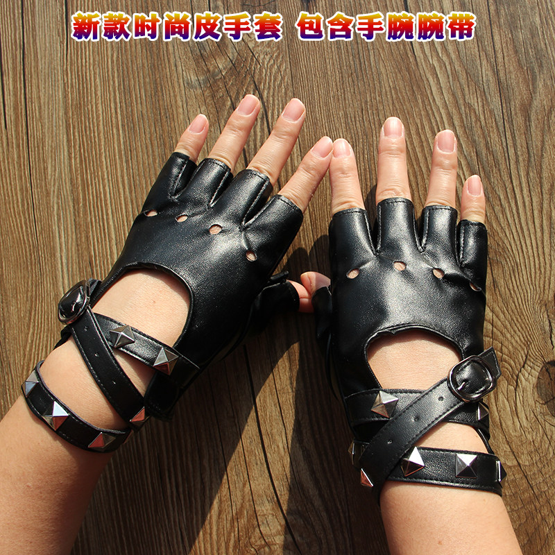 表演皮手套女朋克酒吧演出跳舞拍照铆钉潮流摇滚半指青少年分指