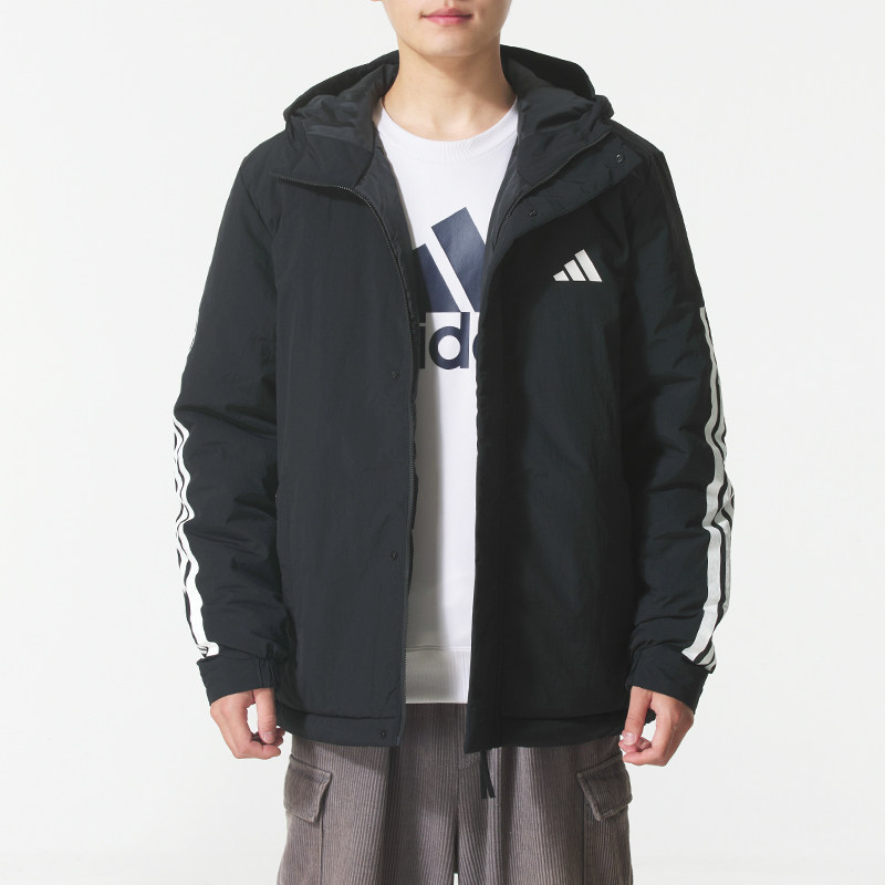 正品ADIDAS阿迪达斯三条纹简约保暖男运动休闲连帽棉服外套JY8303