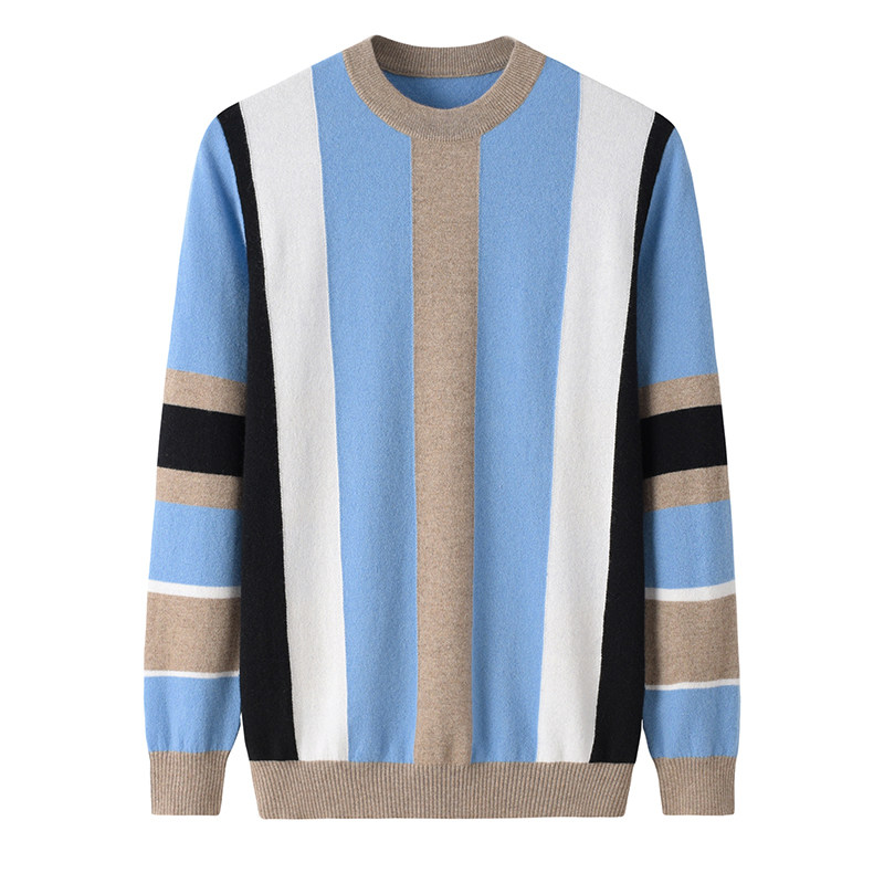 DONGPU 남자 캐시미어 스웨터 가을 겨울 새로운 순수 캐시미어 라운드 넥 대비 색 스트라이프 니트 스웨터 풀오버