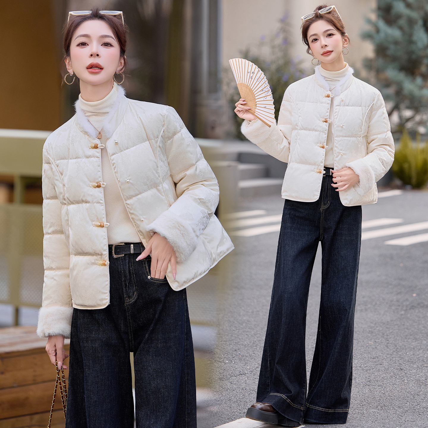 现货2025冬装新款新中式羽绒服保暖水貂毛拼接修身显瘦古典外套潮