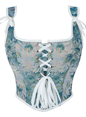 油画风蓝色双肩带可调节绑带鱼骨抹胸宫廷塑身衣束腰上衣