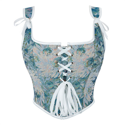 油画风蓝色双肩带可调节绑带鱼骨抹胸宫廷塑身衣束腰上衣