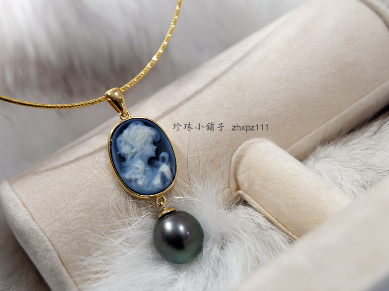 珍珠小铺子意大利卡梅奥贝雕天然大溪地黑近圆18k大吊坠