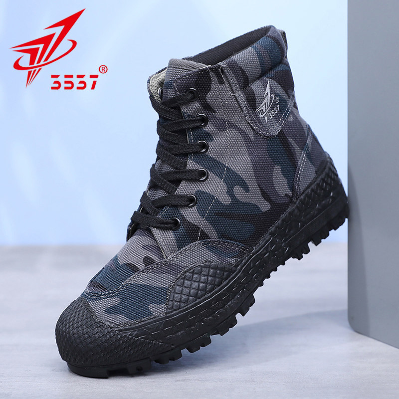 3537户外登山鞋男迷彩高帮帆布防滑耐磨劳保胶鞋工地耐磨徒步球鞋