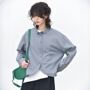 女肌理简约宽松显瘦衬衣 衬衫 童颜阁春款 小众清新格纹弧形下摆长袖
