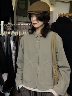 童颜阁秋冬新款个性大口袋毛呢休闲加厚外套复古宽松保暖衬衫上衣