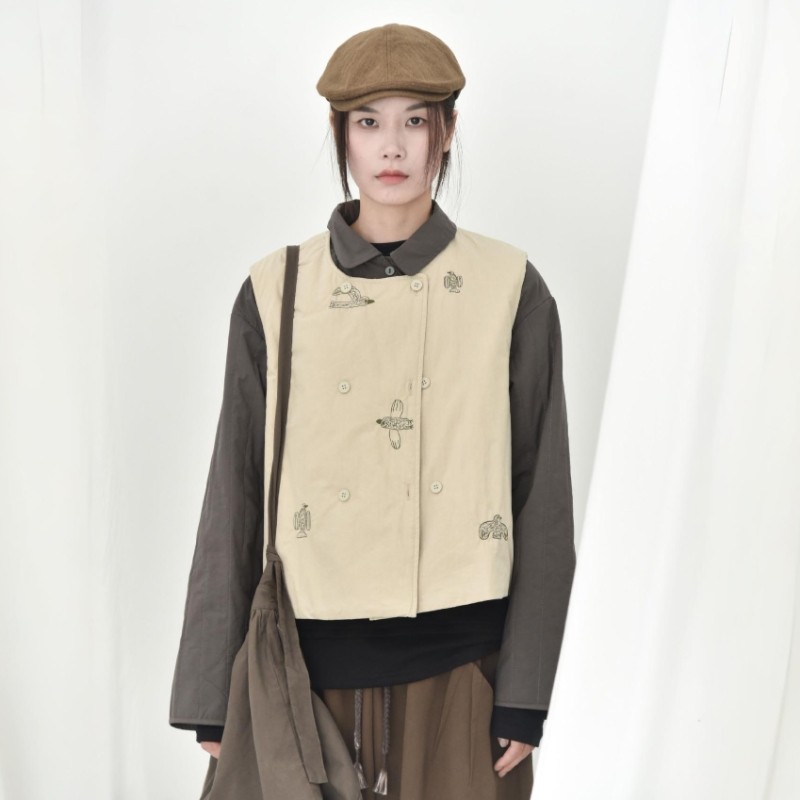 童颜阁原创秋冬个性飞鸟刺绣叠穿马甲复古百搭夹棉衣文艺马夹背心