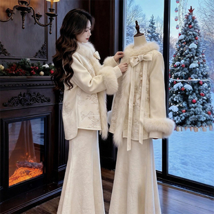 冬装搭配一整套大码胖mm新中式提花毛领毛呢外套鱼尾裙巨好看套装