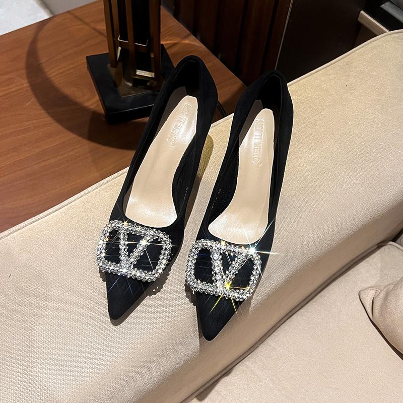 高跟鞋女细跟2025春秋季新款气质水钻绒面尖头黑色职业单鞋女上班