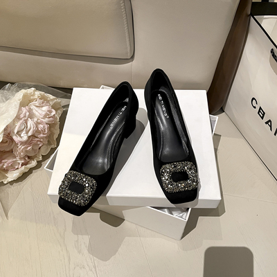 法式气质单鞋女中跟软底浅口工作鞋2025新款黑色水钻粗跟高跟鞋女