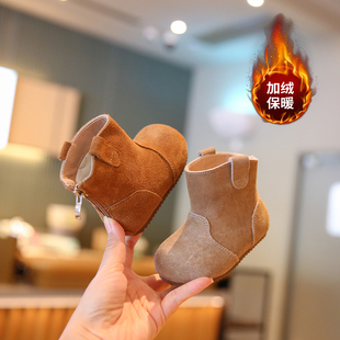 小步点女宝宝靴子冬季加绒棉靴女童靴软底女宝鞋子儿童皮靴勃肯靴
