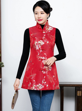 红色中国风旗袍上衣女士唐装春秋装中式背心马夹马甲外套过年服装