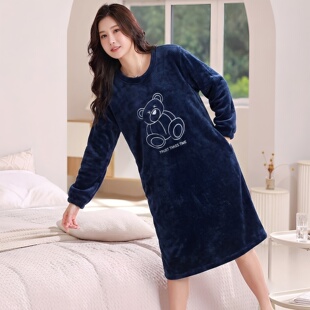 睡裙女款大码胖mm加绒加厚法兰绒秋冬季宽松可外穿珊瑚绒家居服女