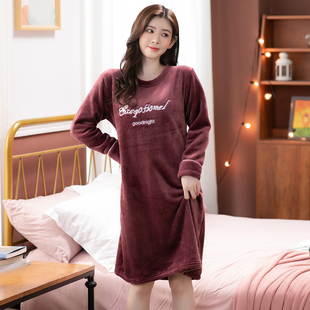 大码 长袖 法兰绒家居服 珊瑚绒睡衣加绒加厚保暖妈妈装 睡裙女秋冬季