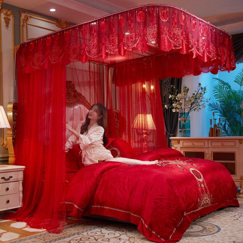 加厚支架加密帐纱三开门结婚蚊帐