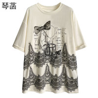 103#琴菡重工潮流撞色蕾絲拼接T恤2024夏圓領(lǐng)寬松蝴蝶結(jié)時(shí)尚上衣