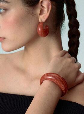 Hankes&Maray复古红色月牙几何C形耳圈百搭耳饰耳钉925银针耳环女