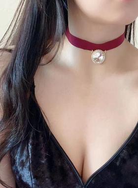 酒红色丝绒宝石项链choker颈链