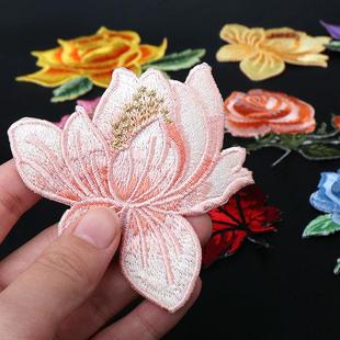 国风刺绣布贴旗袍绣花装饰衣服演出服饰补丁贴荷花修补贴背胶