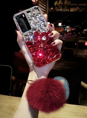 三星S24奢华满钻手机壳note10+网红全包防摔女款s23ultra个性创意A54高档水晶闪耀s9plus毛球S20FE日韩适用s8