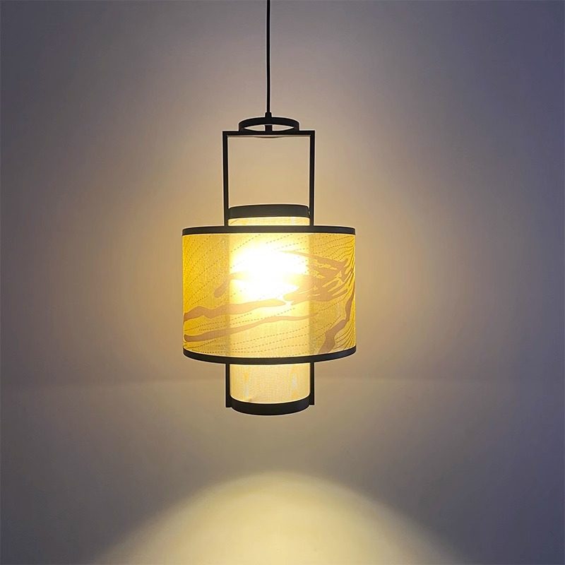 新中式吊灯禅意圆形布艺火锅店餐厅卡座餐位带射灯设计师餐饮专用