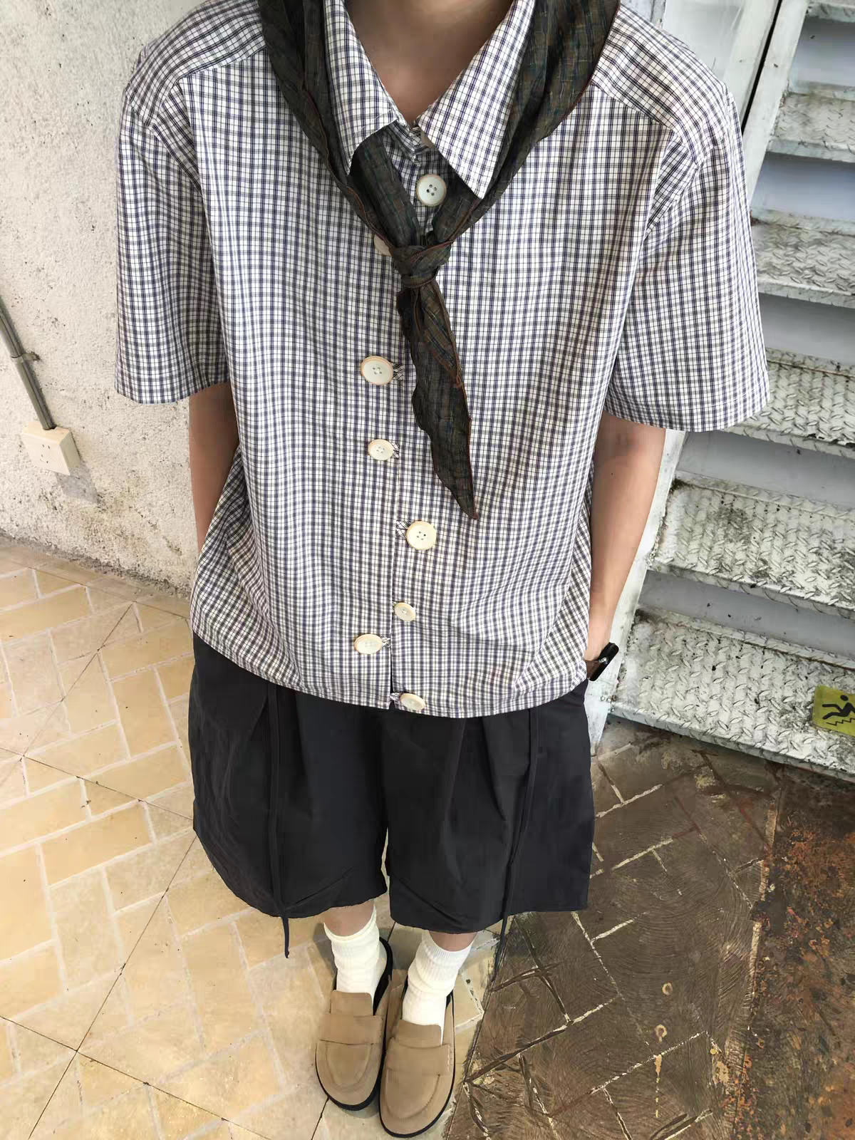 美式高级感多扣格子短袖衬衫男女复古宽松文艺翻领潮牌格纹衬衣
