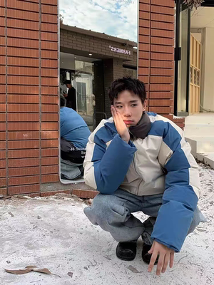 冬季美式复古男女立领拼色棉衣