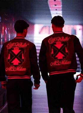 春秋欧美潮牌男女夹克拼接刺绣情侣棒球服OW高街重工酒红联名外套