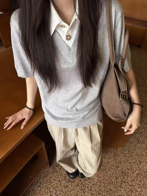 美式老钱风V领假两件衫针POLO衫
