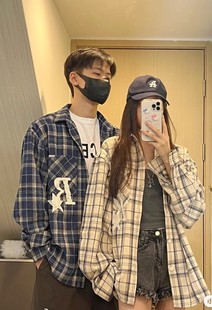 春秋美式 宽松百搭衬衣潮牌外套vintage 高街男女格纹衬衫 R星情侣装