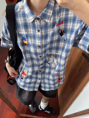 夏季美式复古运动员刺绣短袖衬衫