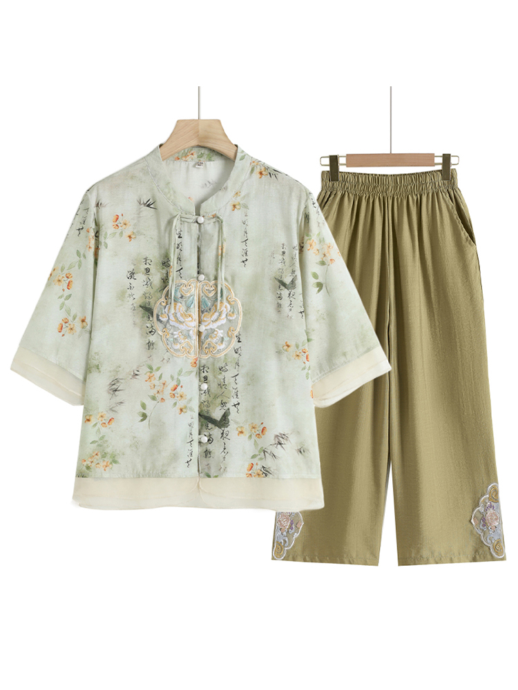 中老年女夏季中国风雪纺上衣服妈妈夏装休闲凉快两件套装2024新款