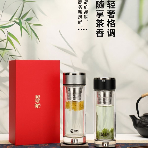 亚泰加厚双层玻璃杯泡茶杯男女商务车载隔热透明高档简约带盖水杯