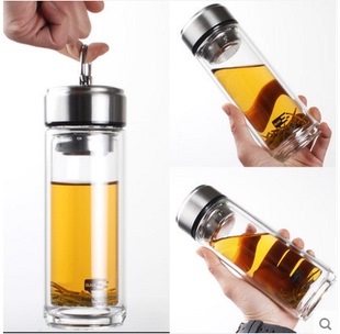 新款亚泰 匡迪024双层水晶玻璃杯 加厚带滤网带提环 创意时尚运动