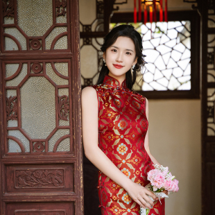 高级感订婚敬酒礼服裙 夏季 时光裁剪 喜流年红色真丝旗袍女新中式