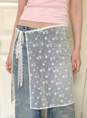 郑佰万~原创设计韩版白色蕾丝屁帘女系带甜美半身裙百搭围裙罩裙