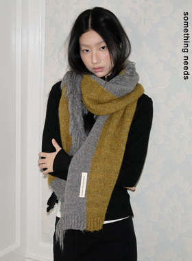 郑佰万 拉绒流苏撞色针织围巾女秋冬氛围感保暖围脖沙丘风披肩潮