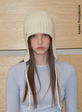 郑佰万 100%羊毛针织保暖护耳毛线帽女带绳鬼马感飞行帽冬季新款