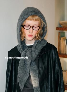 郑佰万 含羊毛帽子围巾一体针织帽女冬季围巾连帽小众护颈围脖潮