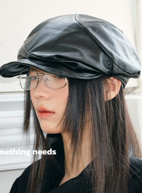 郑佰万 韩系小众高级感贝雷帽女不规则皮质复古秋冬报童帽气质潮