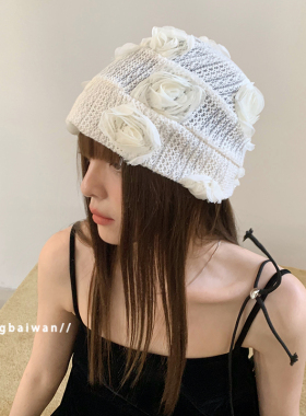 小众设计玫瑰花冷帽女春秋包头镂空针织帽子透气薄款大头围堆堆帽