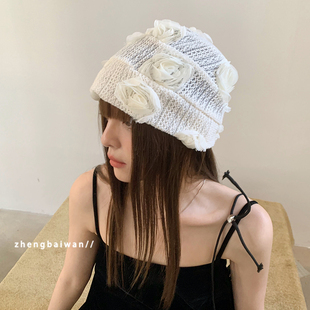大头围堆堆帽 小众设计玫瑰花冷帽女春秋包头镂空针织帽子透气薄款