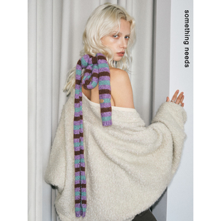 郑佰万 紫丁香时髦小围巾女秋冬季长条腊肠围脖百搭针织飘带情侣