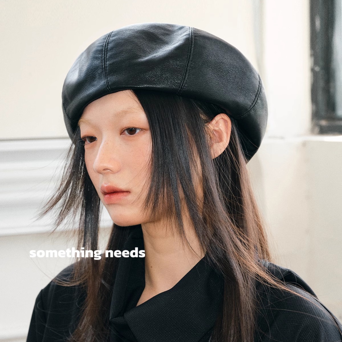 日系复古pu皮贝雷帽子女