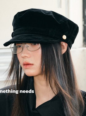 郑佰万 黑色贝雷帽女麂皮绒秋冬日系百搭复古高级感报童帽显脸小