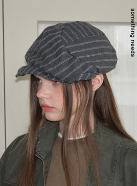 郑佰万 时髦女作家 文艺复古个性条纹贝雷帽冬季新款百搭报童帽潮