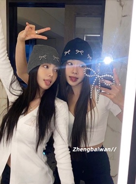 韩国博主同款立体蝴蝶结针织帽女秋冬ins新款毛线冷帽保暖大头围