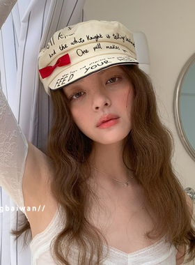 【朋克甜心】韩系涂鸦贝雷帽子女字母蝴蝶结平顶帽显脸小报童帽潮