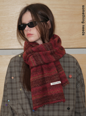 郑佰万 限定蔓越莓 织线复古条纹围巾女冬款盐感防寒针织围脖加厚